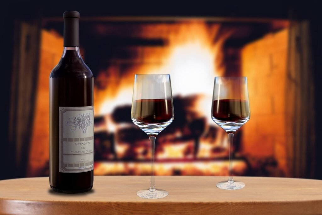 wine, bottle, fireplace, red wine, glasses, drink, alcohol, romantic, table, home, fireplace, fireplace, fireplace, fireplace, fireplace