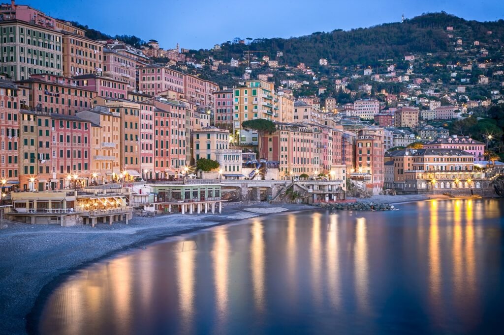 buildings, city, beach, ocean, illuminated, city lights, cityscape, sea, shore, seashore, seascape, twilight, sky, nature, camogli, liguria, italy, landscape, beach, italy, italy, italy, italy, italy